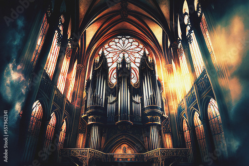 Pipe Organ in Cathedral - Generative AI photo