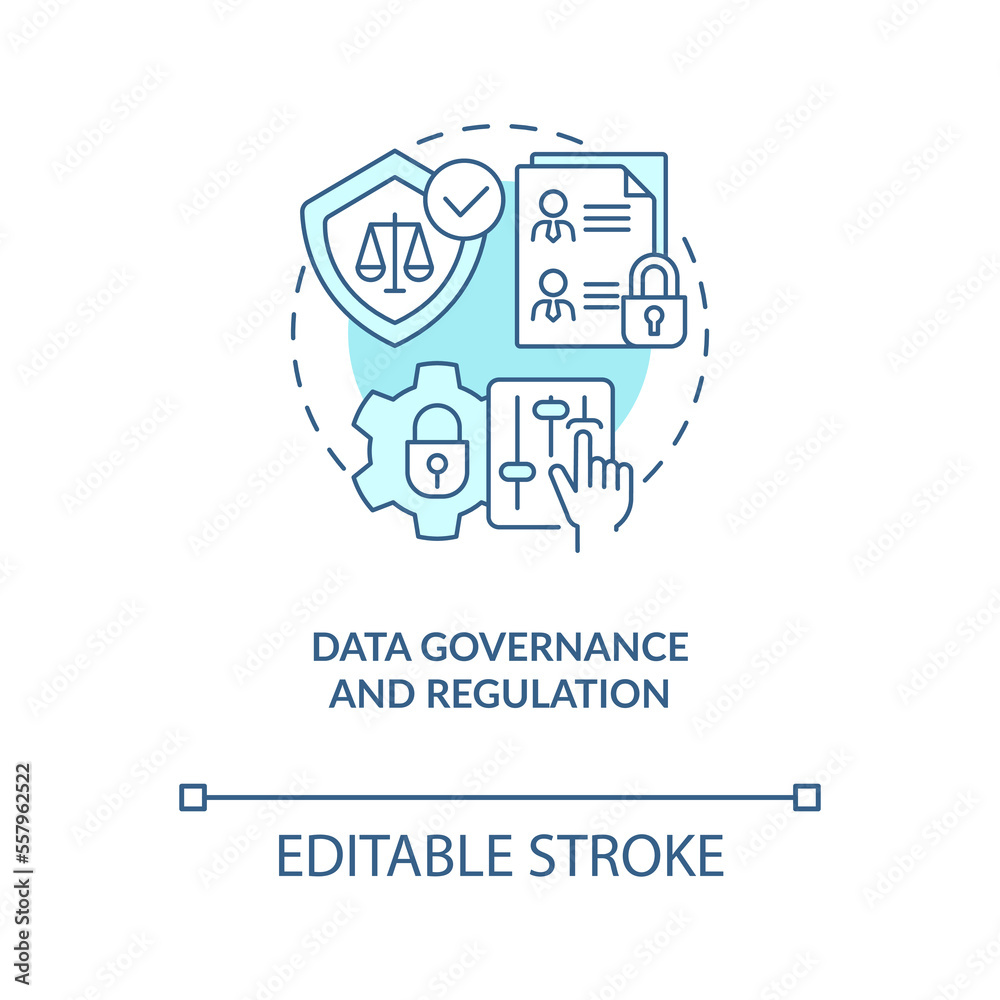 Data governance and regulation turquoise concept icon. Digital technology trend abstract idea thin line illustration. Isolated outline drawing. Editable stroke. Arial, Myriad Pro-Bold fonts used Data governance and regulation turquoise concept icon. Digital technology trend abstract idea thin line illustration. Isolated outline drawing. Editable stroke. Arial, Myriad Pro-Bold fonts used