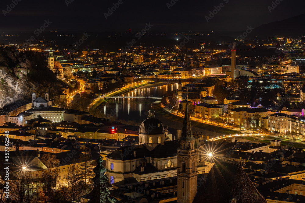 Panorama of the night of Salzburg