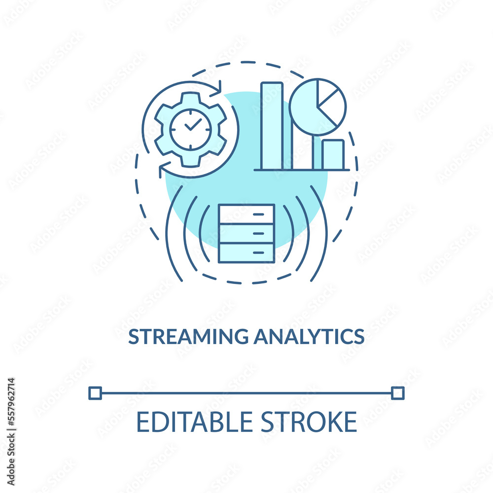 Streaming analytics turquoise concept icon. Data science abstract idea thin line illustration. Isolated outline drawing. Editable stroke. Arial, Myriad Pro-Bold fonts used information processing Streaming analytics turquoise concept icon. Data science abstract idea thin line illustration. Isolated outline drawing. Editable stroke. Arial, Myriad Pro-Bold fonts used information processing