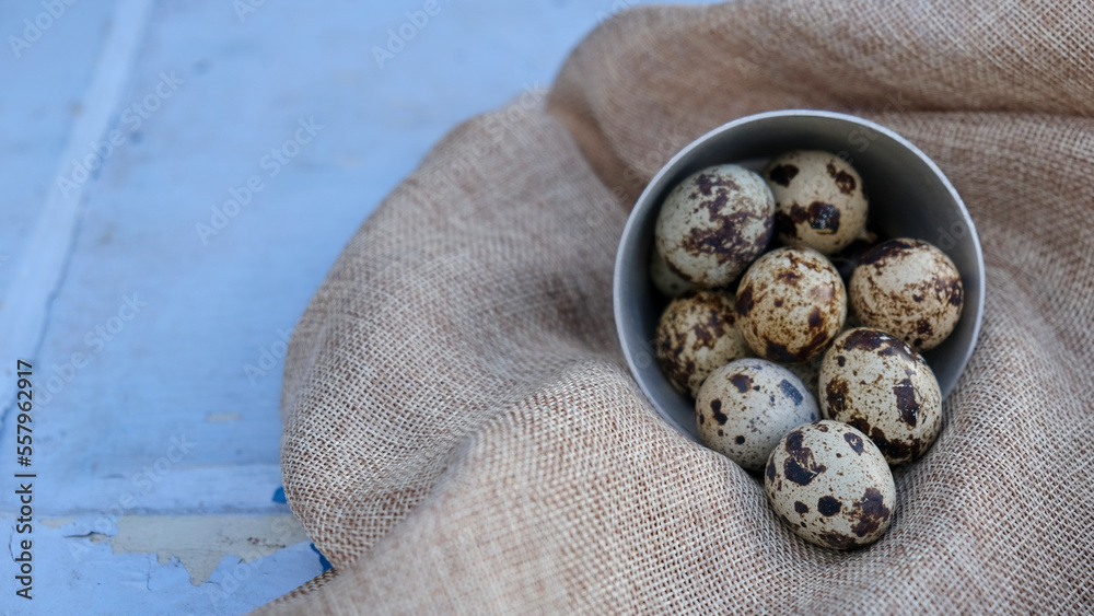 Huevos de codorniz en un cuenco sobre una tela rústica en un fondo azul claro Huevos de codorniz en un cuenco sobre una tela rústica en un fondo azul claro