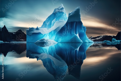 a large iceberg floating in the middle of a lake with mountains in the background and a cloudy sky above it.
