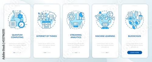 Data science technologies blue onboarding mobile app screen. Walkthrough 5 steps editable graphic instructions with linear concepts. UI, UX, GUI template. Myriad Pro-Bold, Regular fonts used