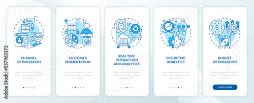 Data science in marketing blue onboarding mobile app screen. Business walkthrough 5 steps editable graphic instructions with linear concepts. UI, UX, GUI template. Myriad Pro-Bold, Regular fonts used