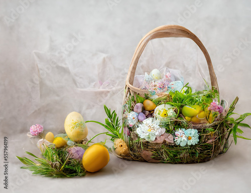 Happy Easter.  Basket with easter eggs. Easter greeting background.