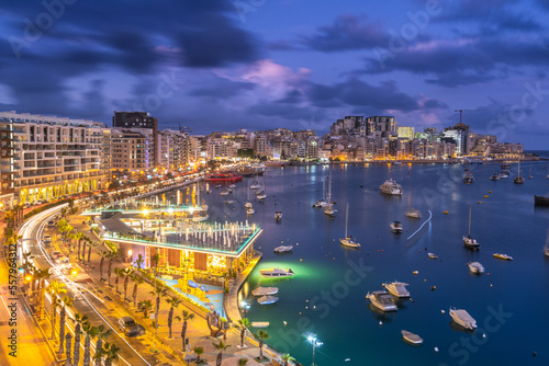 Night panoramic cityscape of Sliema Bay in Malta