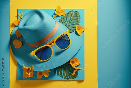 a blue hat and sun glasses, vacation layout