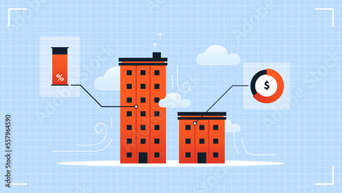 Vector infographics with storey buildings, and diagrams. Profitable investment in the project of a residential complex. Residential apartments. Mortgage. Construction of apartment buildings.