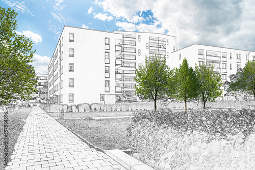 Drawing sketch of a residential area with modern apartment buildings, new green urban landscape in the city