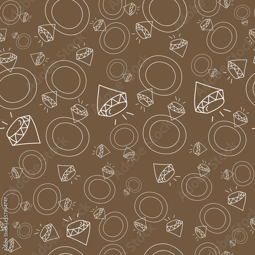 Vector. Seamless love pattern with hand drawn outline engagement ring and diamond. Sketch in cartoon style. Graphic print for postcards, invitations, textiles, packaging for Valentine's Day.