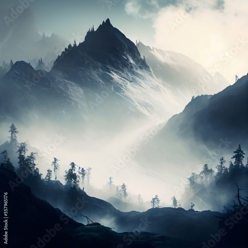 Misty mountain landscape. Generative AI
