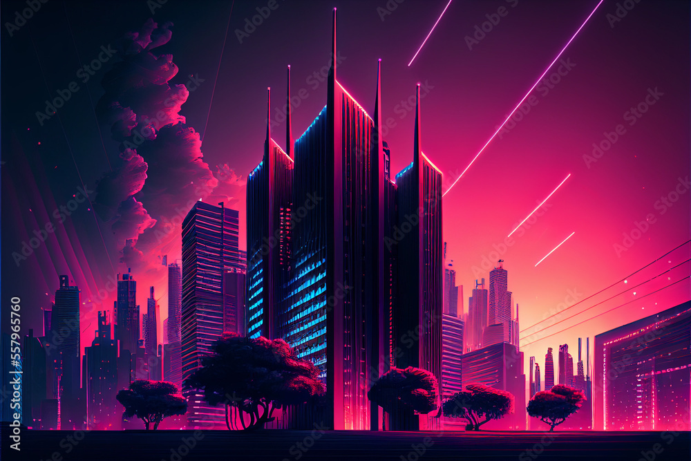 Cityscape with skyscrapers with purple neon lighting