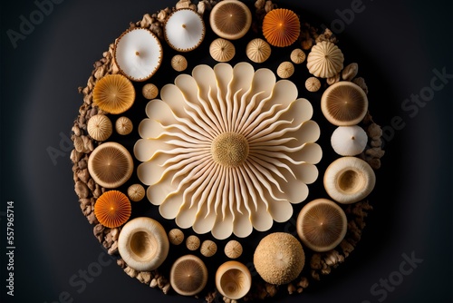  a circular arrangement of seashells and candles on a black background with a circular design of shells and a spiral of a spirally shaped candle holder in the middle Generative AI photo