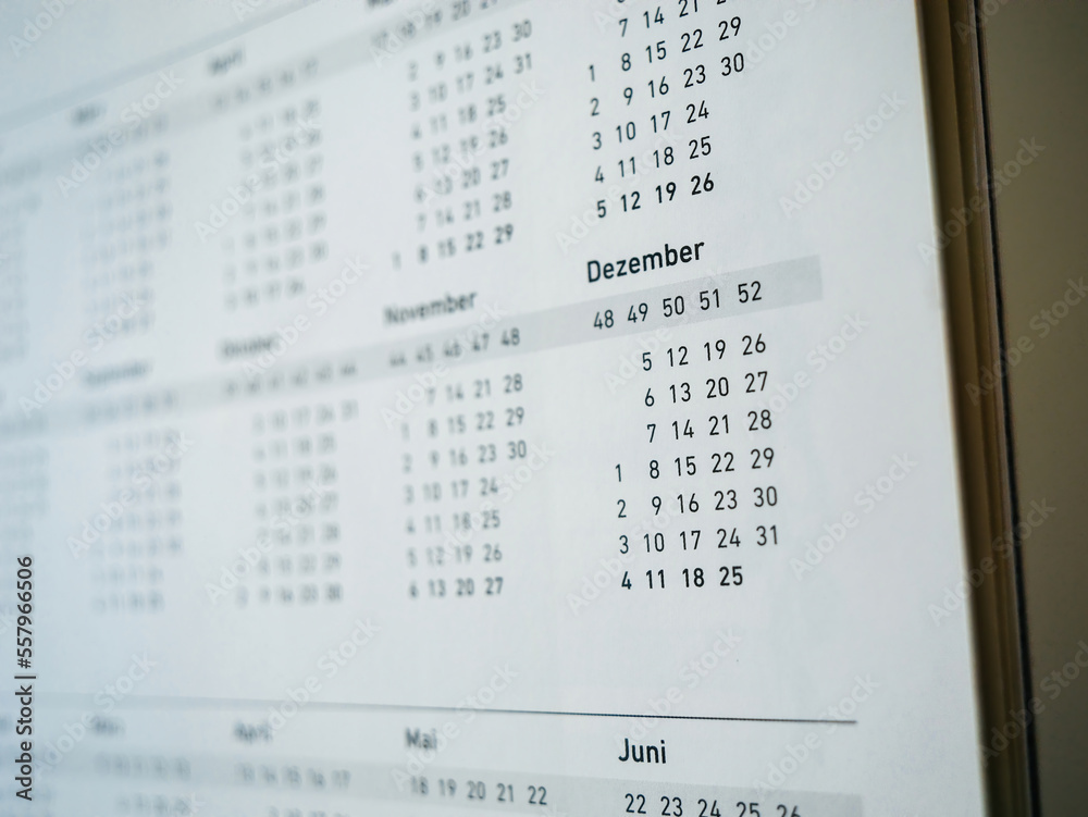 Close-up macro shot of defocused December month on a German calendar page - Dezember