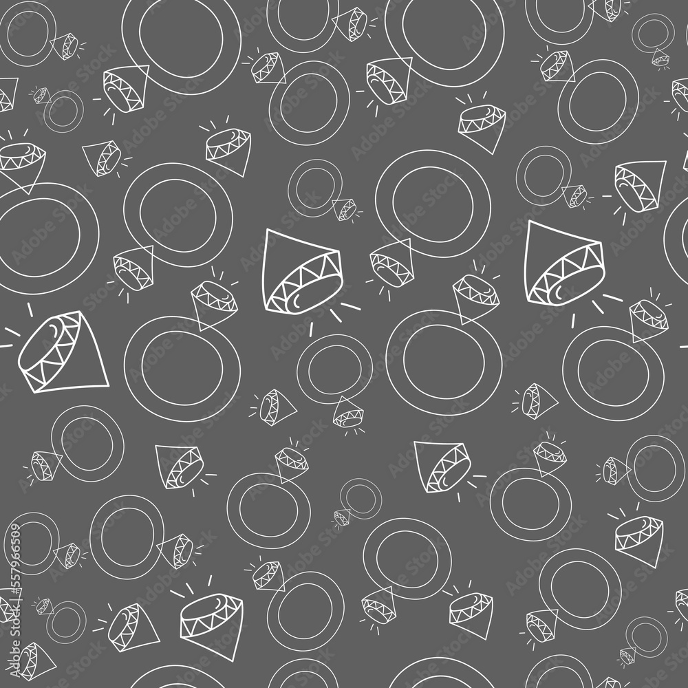 Vector. Seamless love pattern with hand drawn outline engagement ring and diamond. Sketch in cartoon style. Graphic print for postcards, invitations, textiles, packaging for Valentine's Day. Vector. Seamless love pattern with hand drawn outline engagement ring and diamond. Sketch in cartoon style. Graphic print for postcards, invitations, textiles, packaging for Valentine's Day.
