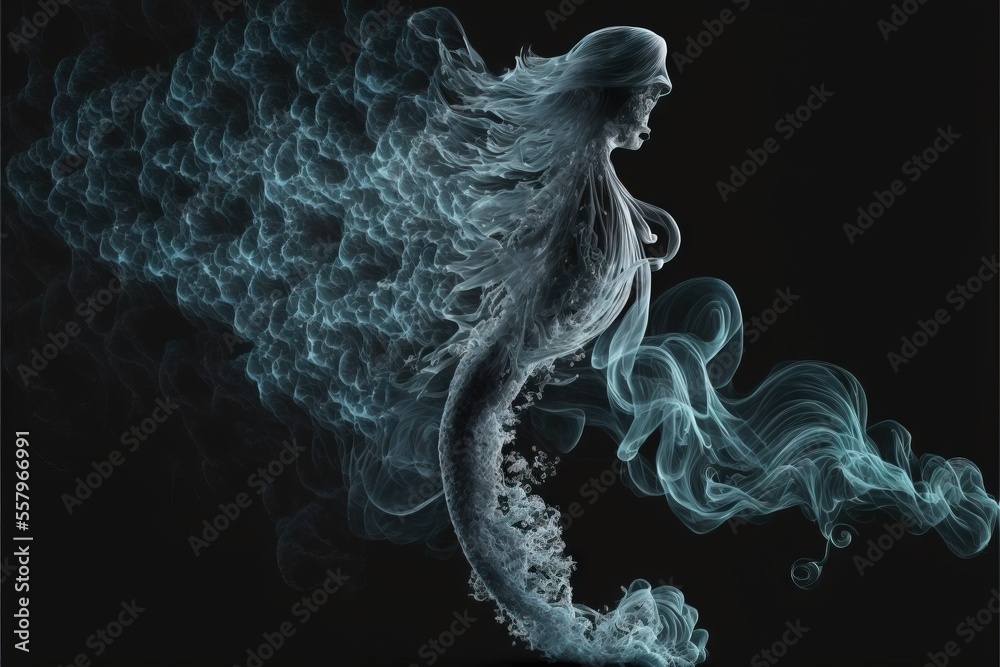 a woman with long hair and smoke in her hand, with a black background ...