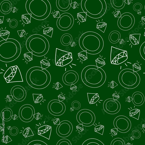 Vector. Seamless love pattern with hand drawn outline engagement ring and diamond. Sketch in cartoon style. Graphic print for postcards, invitations, textiles, packaging for Valentine's Day.