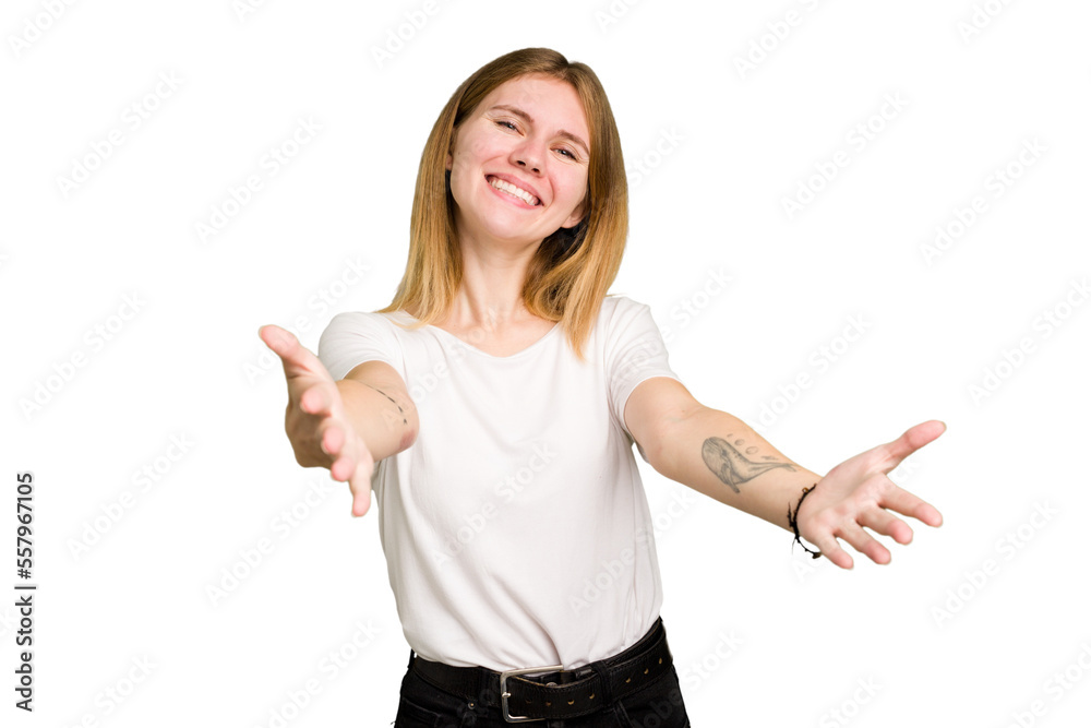 Young caucasian woman isolated showing a welcome expression. Young caucasian woman isolated showing a welcome expression.