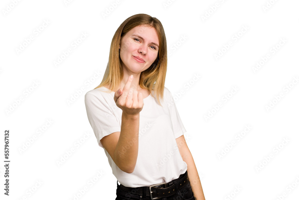 Young caucasian woman isolated pointing with finger at you as if inviting come closer. Young caucasian woman isolated pointing with finger at you as if inviting come closer.