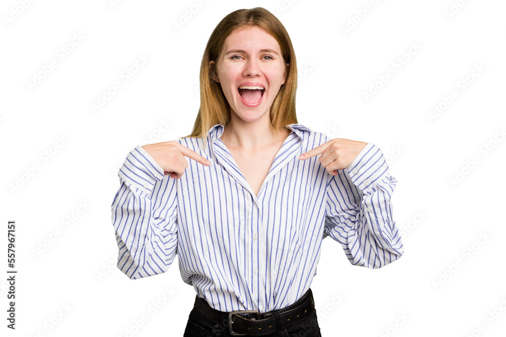 Young caucasian woman isolated surprised pointing with finger, smiling broadly. Young caucasian woman isolated surprised pointing with finger, smiling broadly.