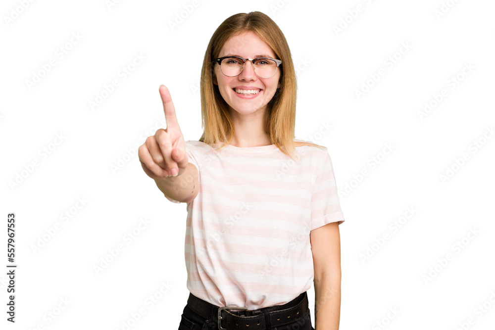 Young caucasian woman isolated showing number one with finger.