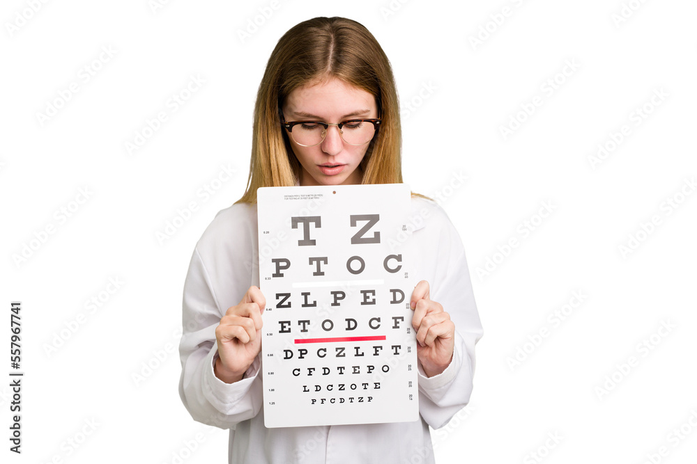 Young caucasian oculist woman holding a eye chart paper isolated Young caucasian oculist woman holding a eye chart paper isolated