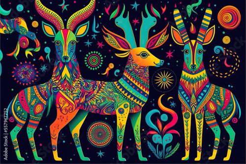 Traditional mexican painting, cultural heritage, imaginary animals alebrijes illustration, very colorful pattern photo