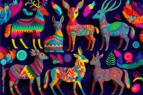 Traditional mexican painting, cultural heritage, imaginary animals alebrijes illustration, very colorful pattern © NAITZTOYA