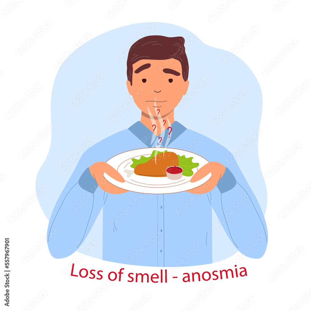 The disappearance of the sense of smell is the consequences of a coronavirus infection. A man does not smell food. Illustration on transparent background The disappearance of the sense of smell is the consequences of a coronavirus infection. A man does not smell food. Illustration on transparent background