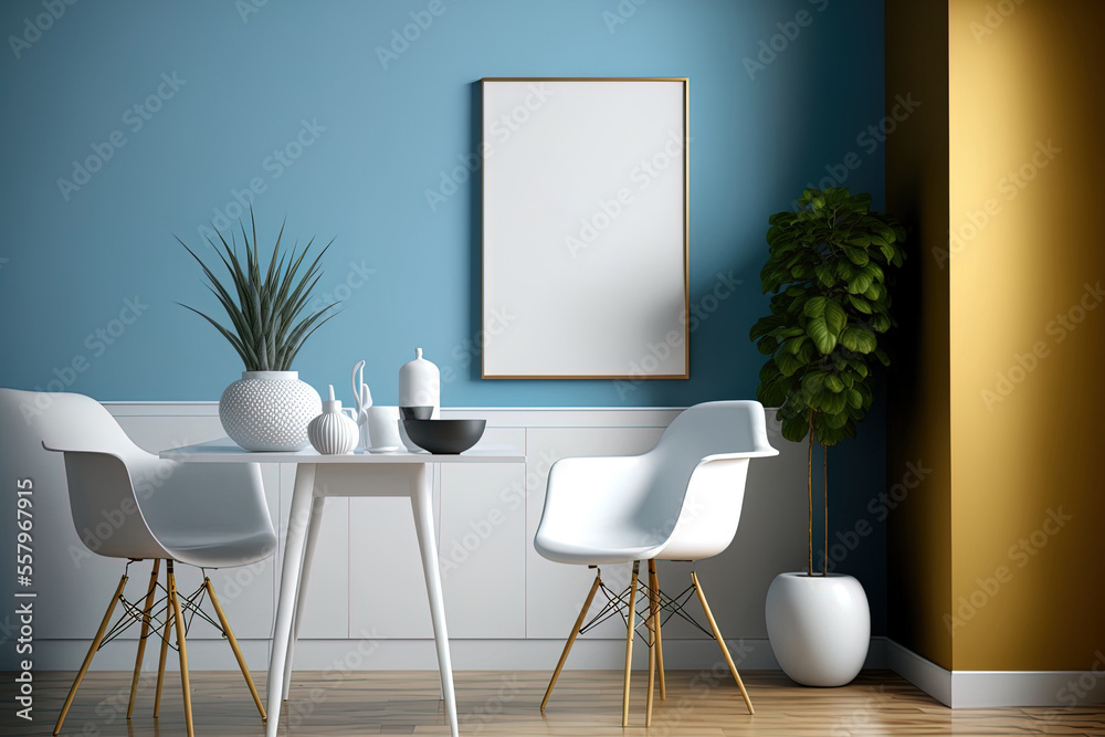In the dining area, which has modern white furniture with golden accents and oak parquet, there is a blank black poster on a bright wall. a mockup. Generative AI In the dining area, which has modern white furniture with golden accents and oak parquet, there is a blank black poster on a bright wall. a mockup. Generative AI