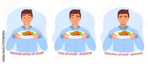 Normal sense of smell, anosmia and parosmia are the consequences of a coronavirus infection. A man sniffs a plate of food. Illustration on transparent background photo