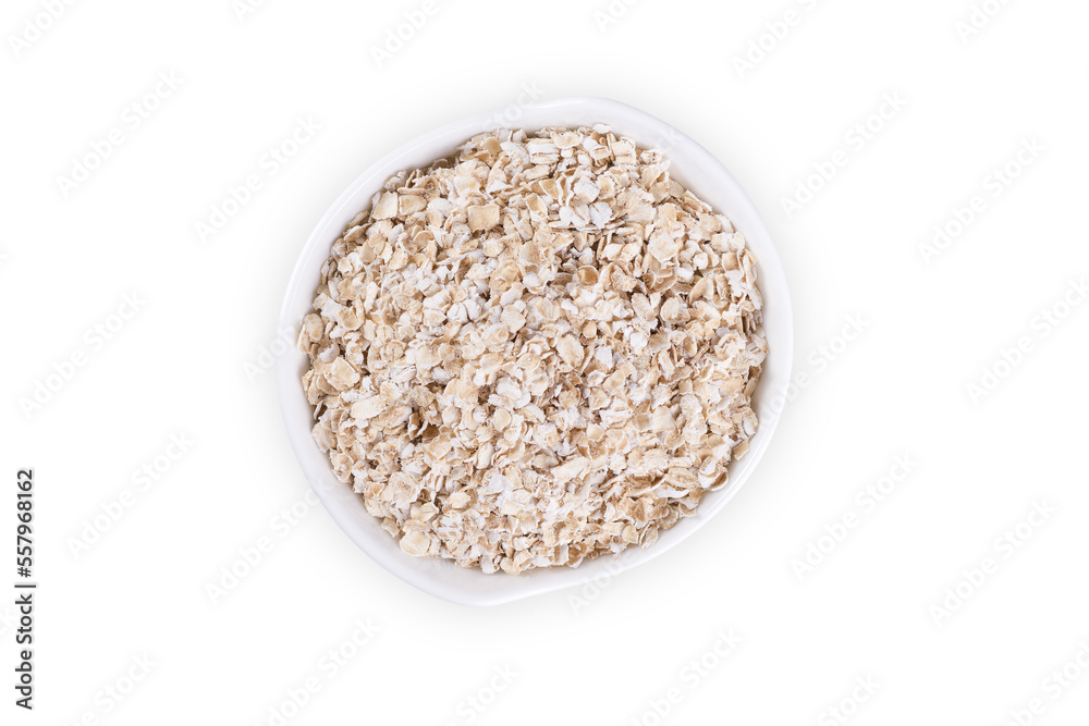 rolled oats on white background, top view