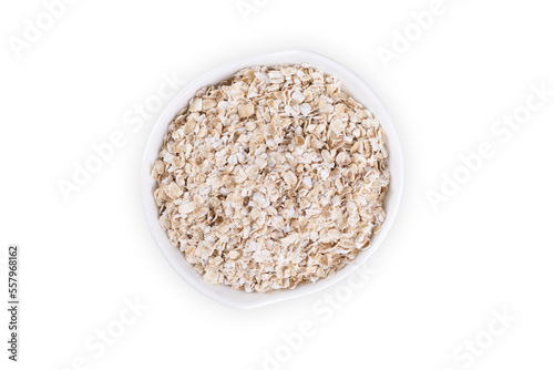 rolled oats on white background, top view