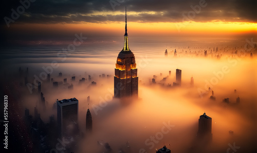 Top view of New York skyline in cloudy day at sunset. Skyscrapers of NYC in the fog. Stunning and magnificent view of famous city. digital art photo