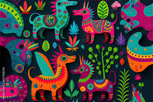 Traditional mexican painting  cultural heritage  imaginary animals alebrijes illustration  very colorful pattern