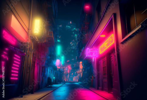 Beautiful neon night in a cyberpunk city. Photorealistic Generative AI illustration of the futuristic city. Empty street with multicolored neon lights.