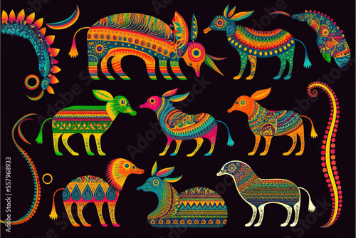 Traditional mexican painting  cultural heritage  imaginary animals alebrijes illustration  very colorful pattern