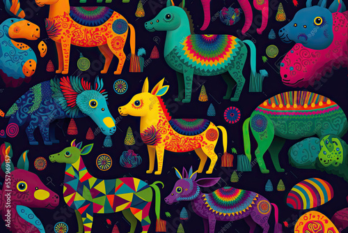 Traditional mexican painting  cultural heritage  imaginary animals alebrijes illustration  very colorful pattern