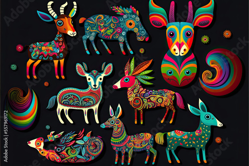 Traditional mexican painting  cultural heritage  imaginary animals alebrijes illustration  very colorful pattern