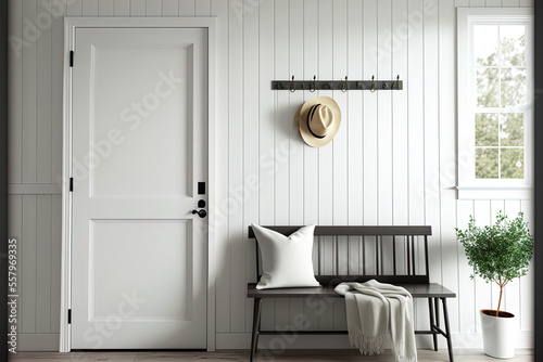farmhouse's front door. nearby white shiplap wall, a wooden bench. Mockup of an interior. Generative AI photo