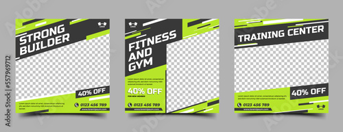 Gym and fitness social media post template design collection. Editable modern square banner with place for the photo. Usable for social media post and web