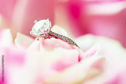Diamond Engagement Ring On Pink Roses