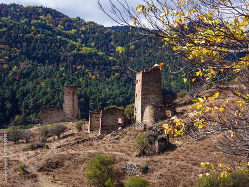 Medieval tower complex Egical, one of the authentic medieval castle-type tower villages, located on the extremity of the mountain range in Ingushetia, Russia. photo