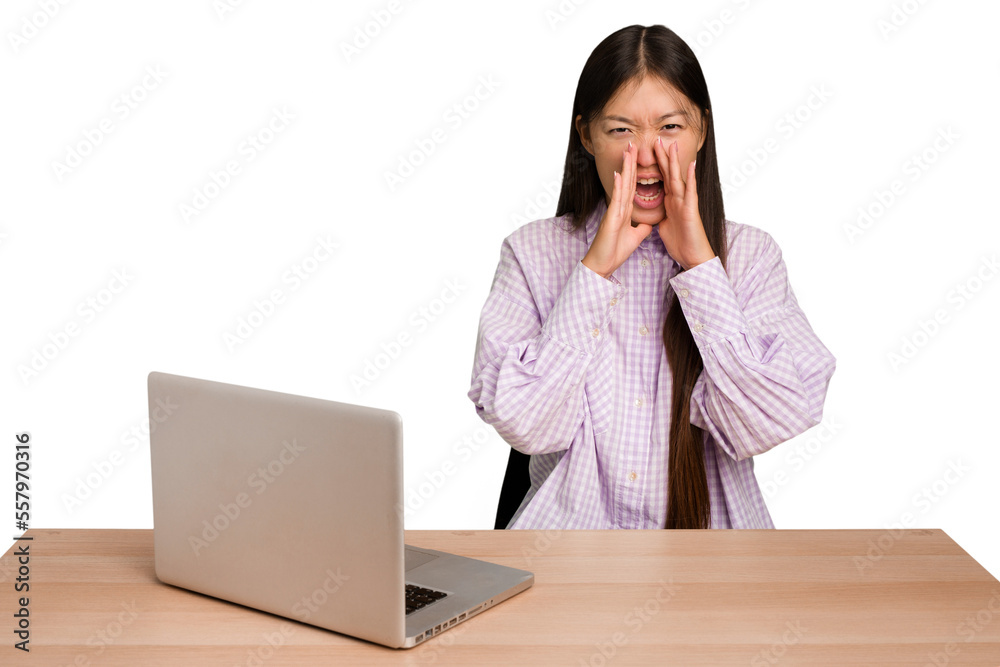 Young student asian woman in a workplace with a laptop isolated shouting excited to front. Young student asian woman in a workplace with a laptop isolated shouting excited to front.