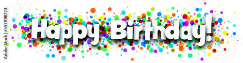Banner with Happy birthday sign on colorful round background.