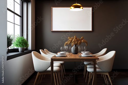 mock up frame in a comfortable, contemporary dining area,. Generative AI © 2rogan