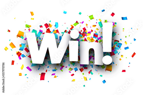 Win sign over colorful cut ribbon confetti background.