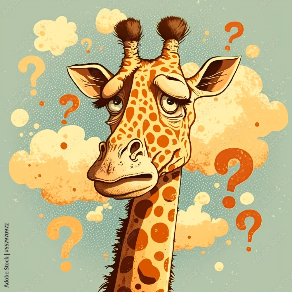 A portrait of a sad, thoughtful giraffe with question marks around it