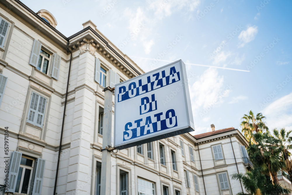 Sanremo, Italy - Nov 22, 2019: Polizia di Stato translated as State police station signage in front of the headquarters of the iconic Sanremo city Sanremo, Italy - Nov 22, 2019: Polizia di Stato translated as State police station signage in front of the headquarters of the iconic Sanremo city