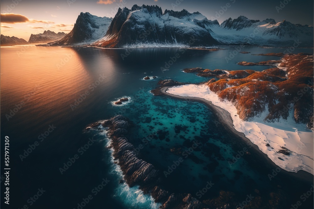 a beautiful view of a mountain range and a body of water with a snow covered shore and a few snow covered mountains.